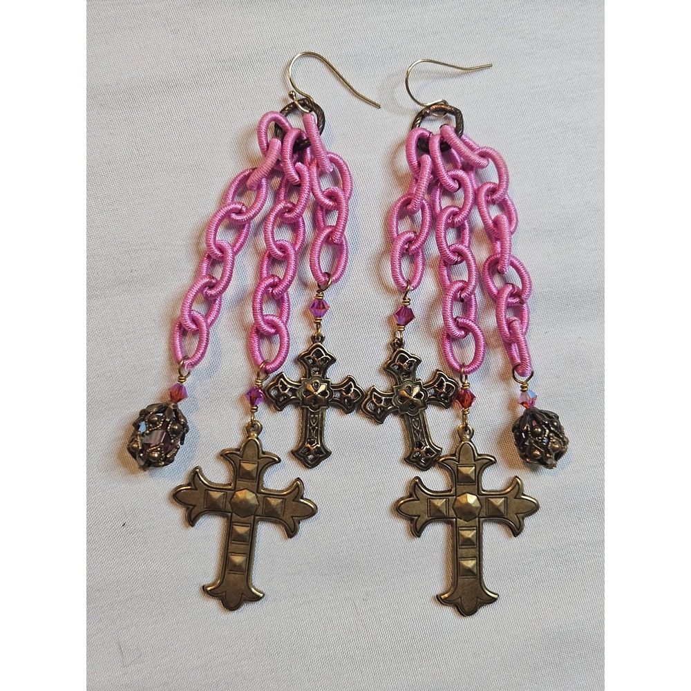 Pink Cord Chain Gothic Cross Dangle Earrings Antique Bronze Statement Jewelry